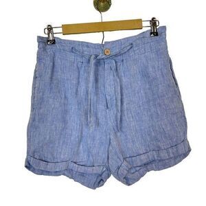 St. Tropez West Women's Blue Linen Drawstring Paperbag Shorts Small high rise
